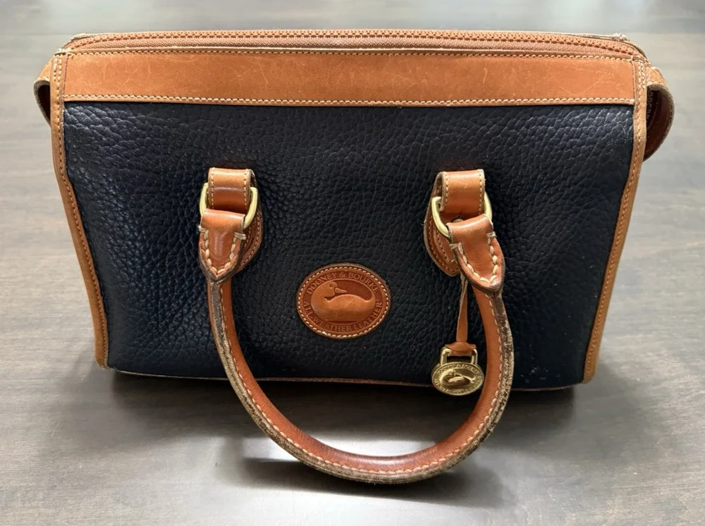 DOONEY & BOURKE Vintage Black & Tan Brown Leather Satchel Handbag Classic Look